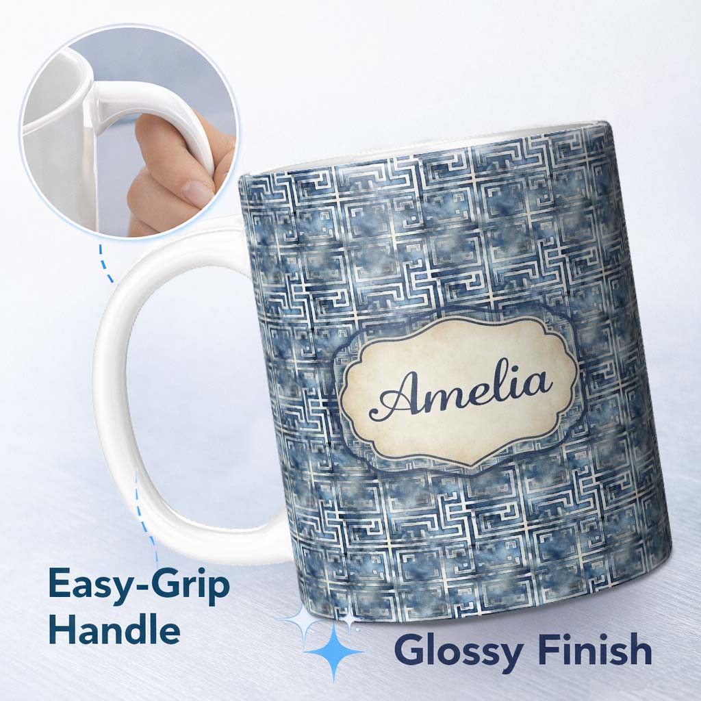 Personalized Custom Name Blue Watercolour Abstract Square Maze Seamless Pattern Name Cute 11oz Ceramic Coffee Tea Mug White Large Handle