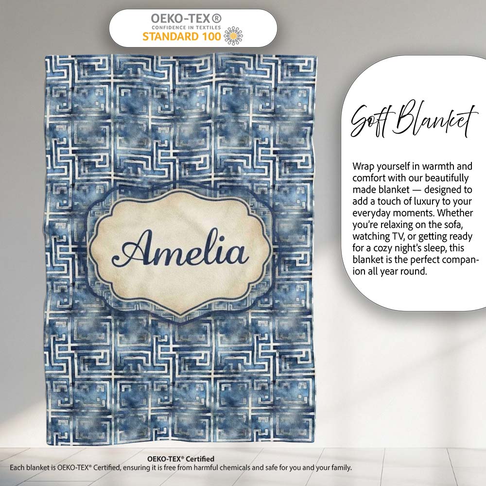 Blue Watercolour Abstract Square Maze Seamless Pattern Name Cute  Personalised Custom Name Super Soft Fleece Blanket Bed Sofa Throw