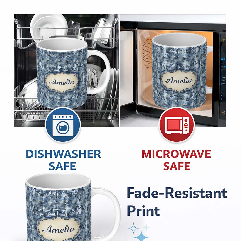 Personalized Custom Name Blue Watercolour Abstract Square Maze Seamless Pattern Name Cute 11oz Ceramic Coffee Tea Mug White Large Handle