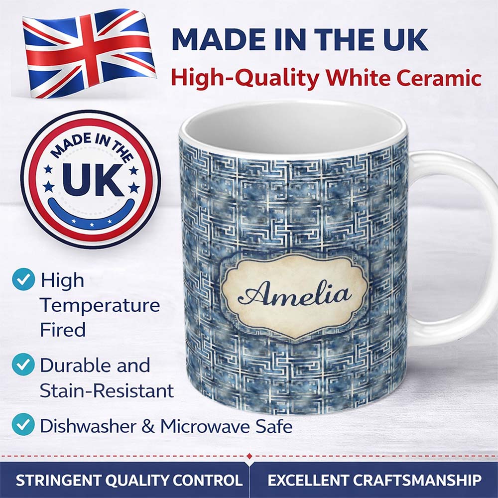 Personalized Custom Name Blue Watercolour Abstract Square Maze Seamless Pattern Name Cute 11oz Ceramic Coffee Tea Mug White Large Handle