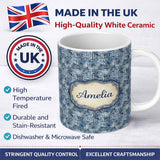Personalized Custom Name Blue Watercolour Abstract Square Maze Seamless Pattern Name Cute 11oz Ceramic Coffee Tea Mug White Large Handle