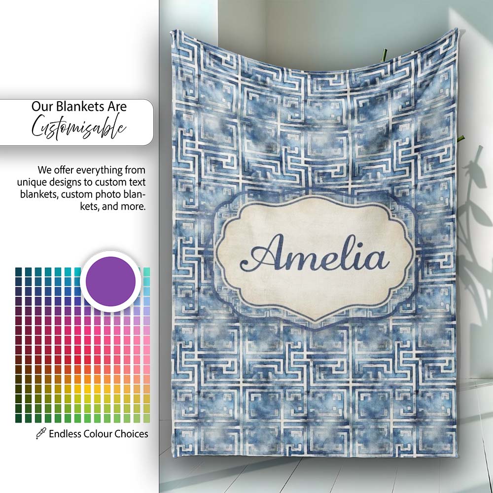 Blue Watercolour Abstract Square Maze Seamless Pattern Name Cute  Personalised Custom Name Super Soft Fleece Blanket Bed Sofa Throw