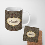 Personalized Custom Name Black Beige Red Tribal Geometric Maze Seamless Pattern Name Cute 11oz Ceramic Coffee Tea Mug White Large Handle