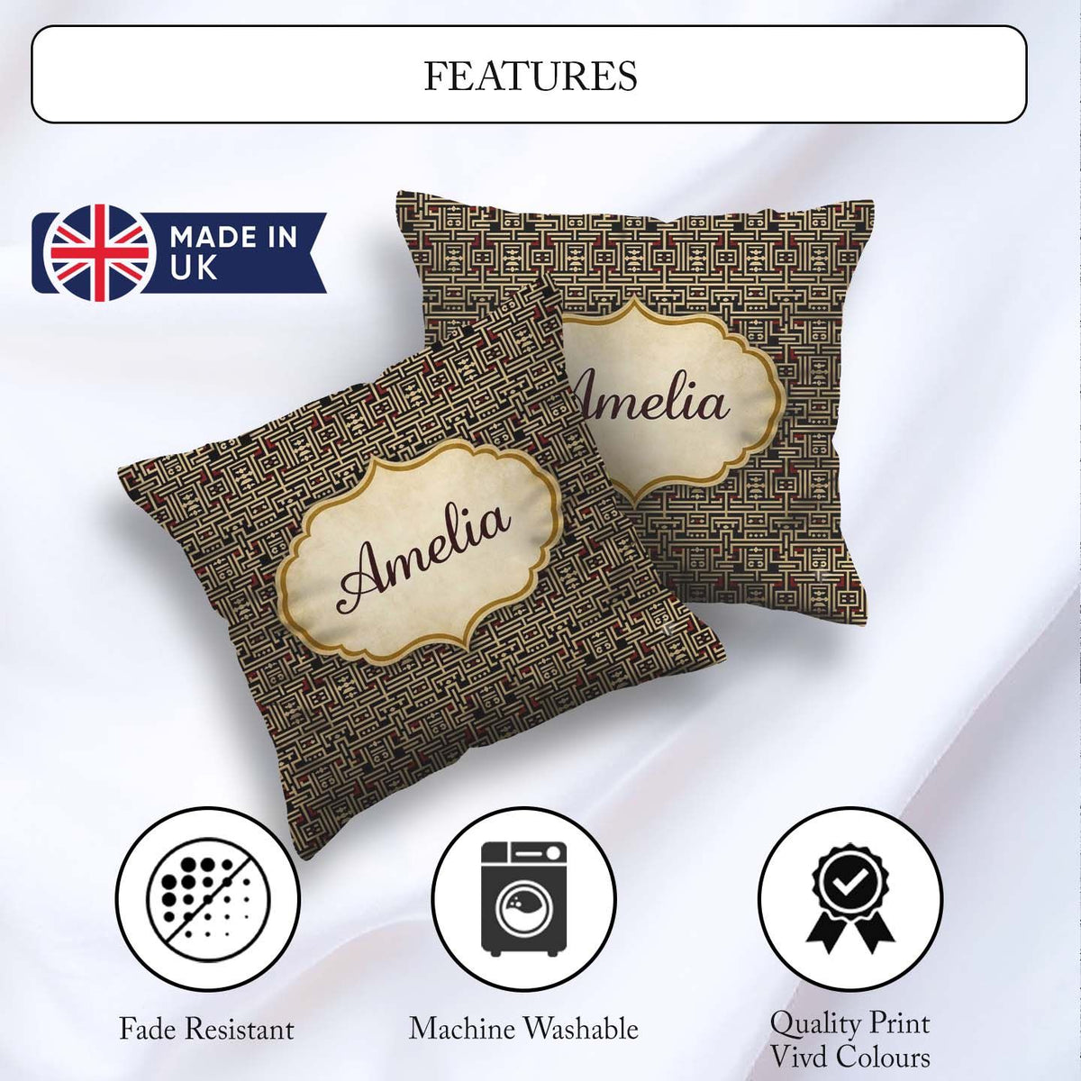 Custom Name Black Beige Red Geometric Maze Seamless Pattern Name Square Filled Cushion Throw Pillow Sofa Bed Home Decor Zip Washable UK Made