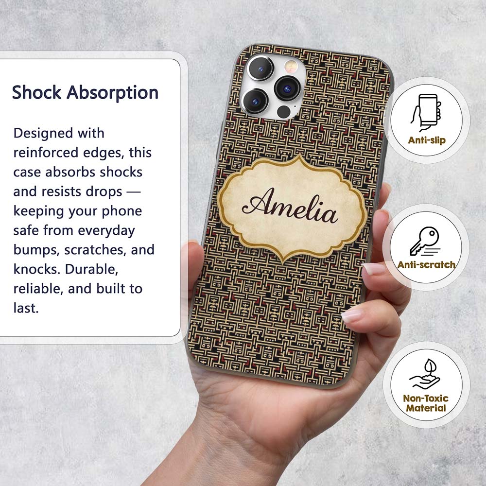Black Beige Red Tribal Geometric Maze Seamless Custom Name Protective Phone Case Mobile Cover Durable Everyday Smartphone Shock Resistant
