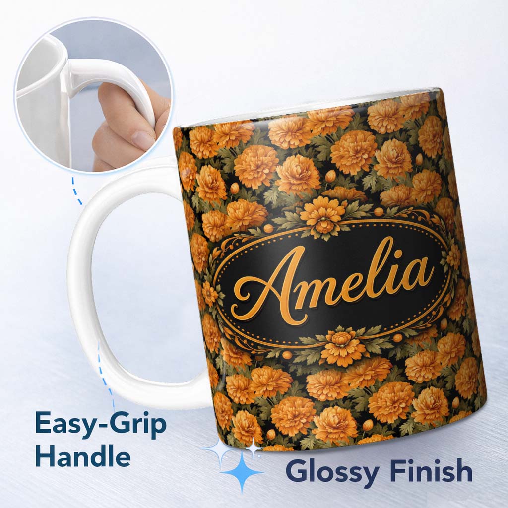 Personalized Custom Name Orange Chrysanthemum Floral on Black Background with Detailed Petals 11oz Ceramic Coffee Tea Mug White Large Handle