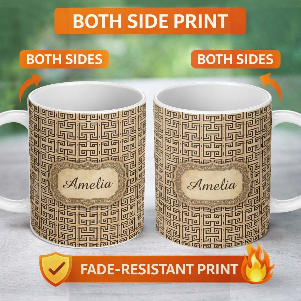 Personalized Custom Name Beige Brown Classic Greek Key Geometric Seamless Pattern Name Cute 11oz Ceramic Coffee Tea Mug White Large Handle