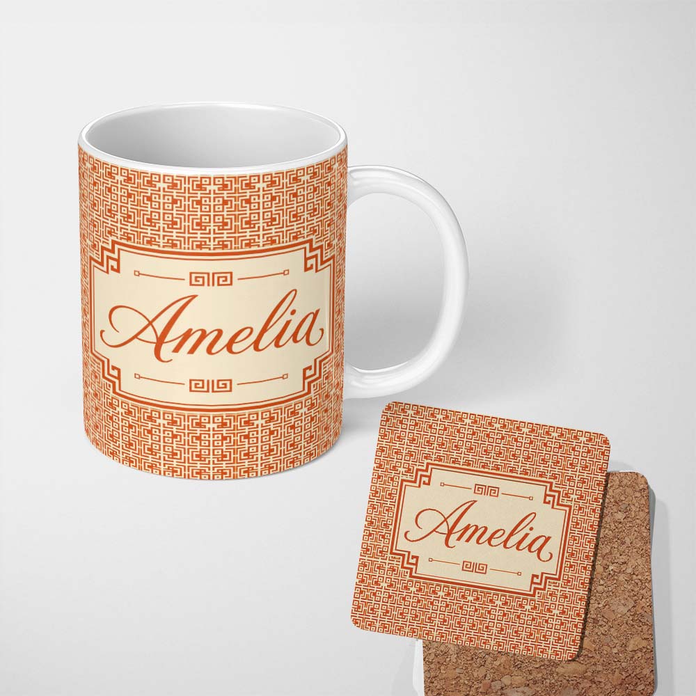 Personalized Custom Name Orange Cream Abstract Maze Geometric Seamless Pattern Name Cute 11oz Ceramic Coffee Tea Mug White Large Handle