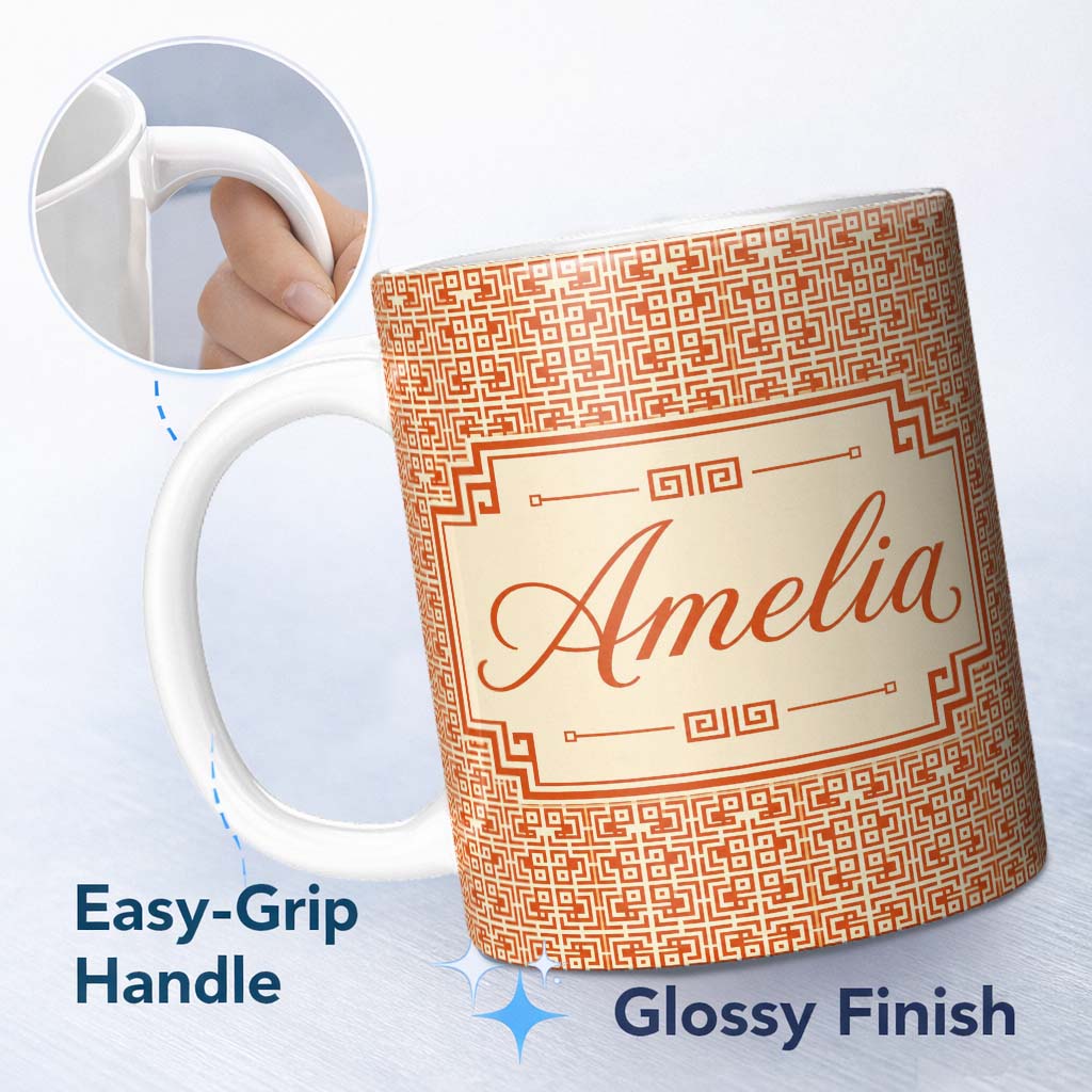 Personalized Custom Name Orange Cream Abstract Maze Geometric Seamless Pattern Name Cute 11oz Ceramic Coffee Tea Mug White Large Handle