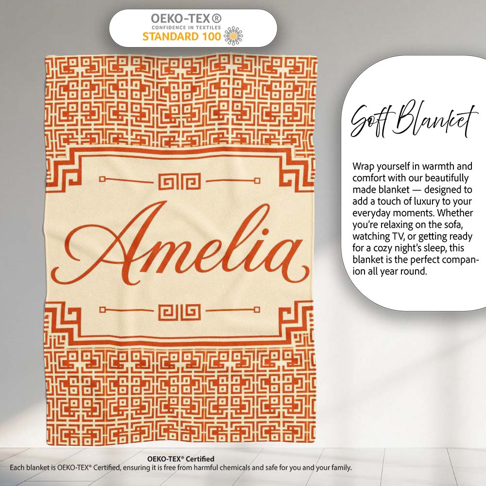 Orange Cream Abstract Maze Geometric Seamless Pattern Name Cute  Personalised Custom Name Super Soft Fleece Blanket Bed Sofa Throw