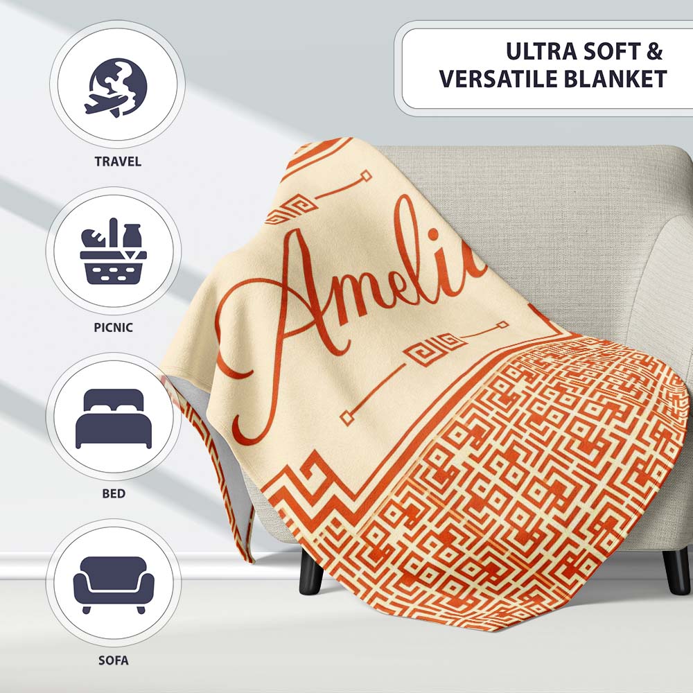Orange Cream Abstract Maze Geometric Seamless Pattern Name Cute  Personalised Custom Name Super Soft Fleece Blanket Bed Sofa Throw
