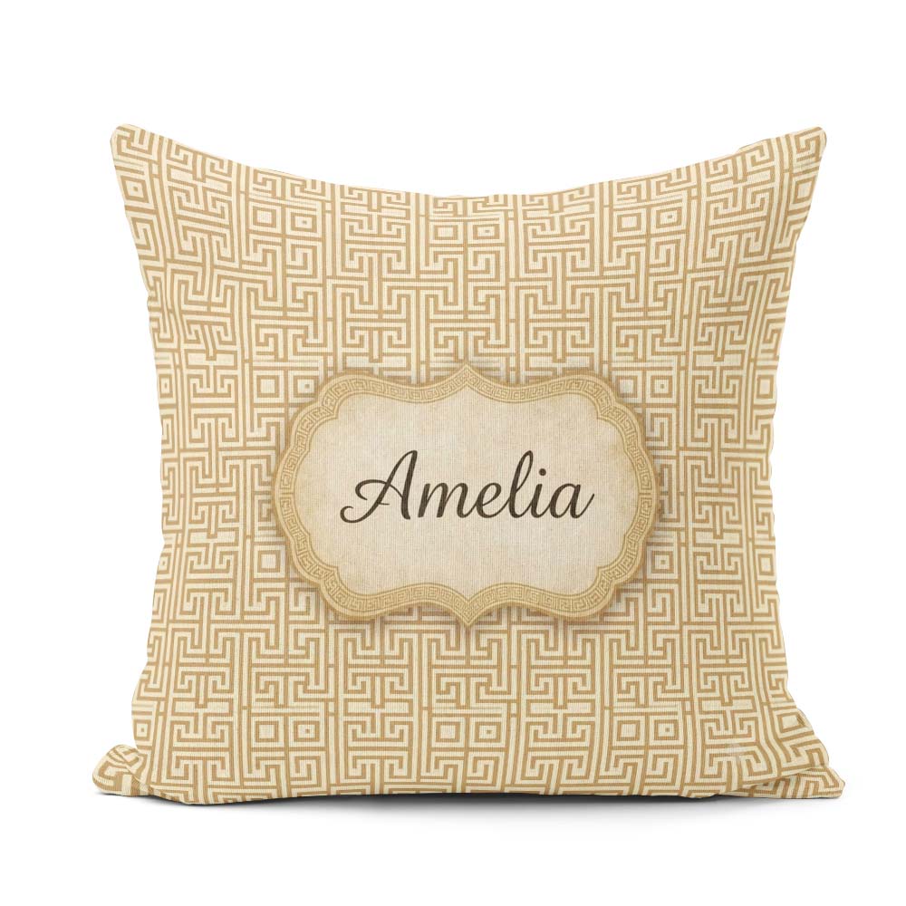 Custom Name Soft Beige Gold Minimal Greek Key Seamless Name Cute Square Filled Cushion Throw Pillow Sofa Bed Home Decor Zip Washable UK Made