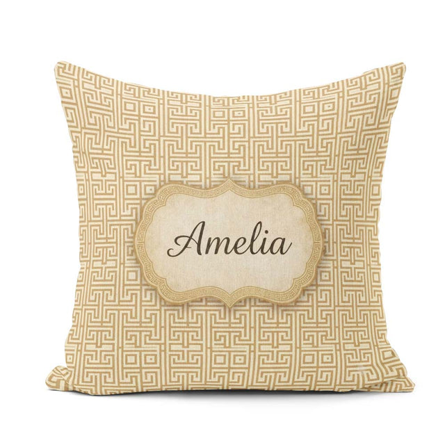 Custom Name Soft Beige Gold Minimal Greek Key Seamless Name Cute Square Filled Cushion Throw Pillow Sofa Bed Home Decor Zip Washable UK Made