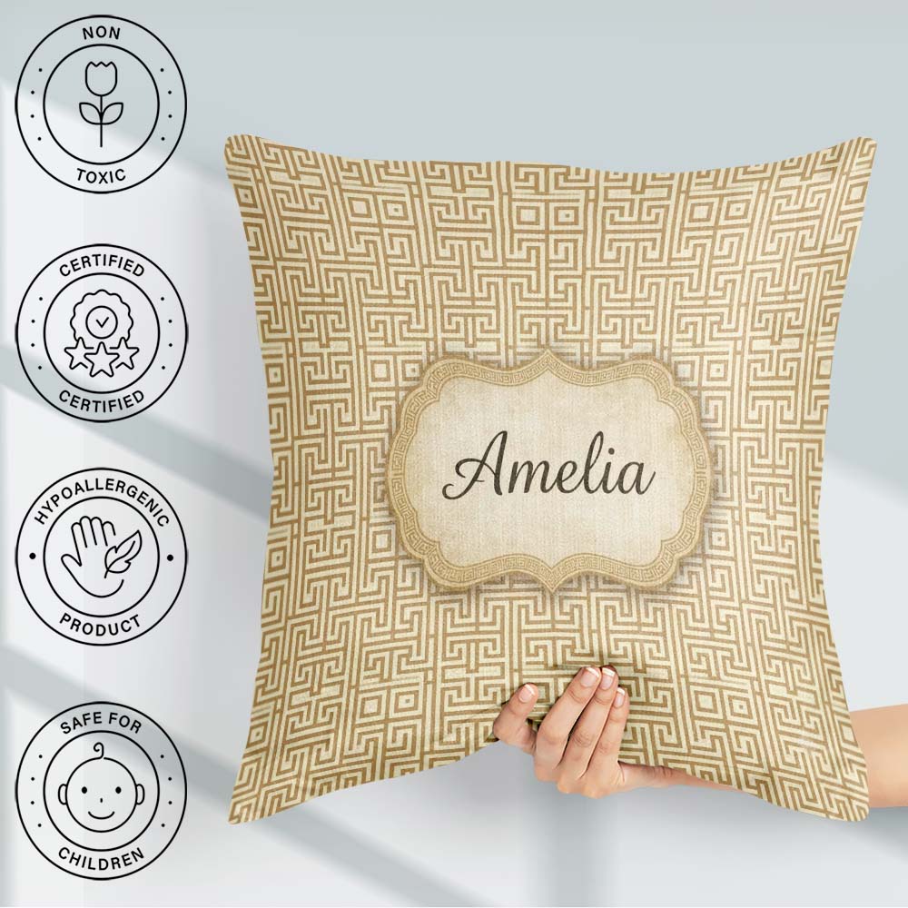 Custom Name Soft Beige Gold Minimal Greek Key Seamless Name Cute Square Filled Cushion Throw Pillow Sofa Bed Home Decor Zip Washable UK Made
