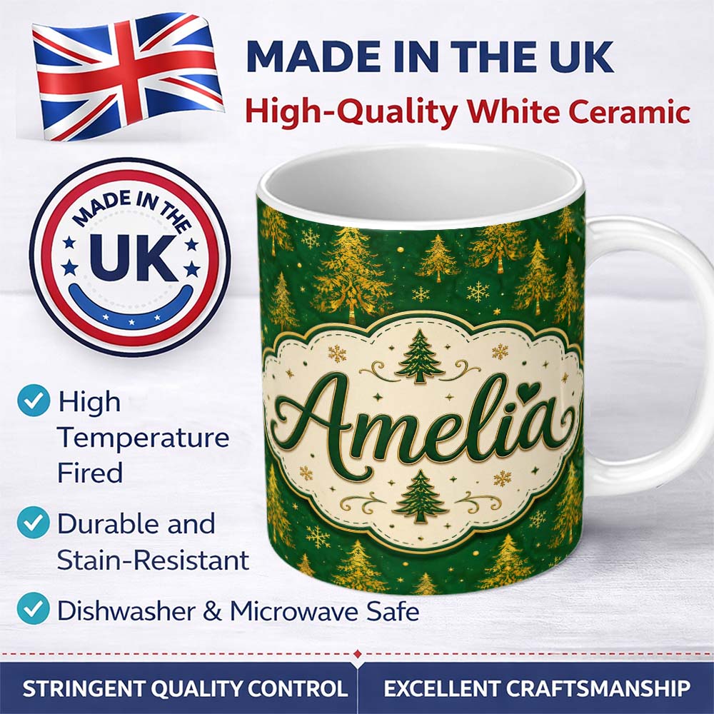 Personalized Custom Name Golden Christmas Trees Forest Green Seamless Pattern Lovely 11oz Ceramic Coffee Tea Mug White Large Handle