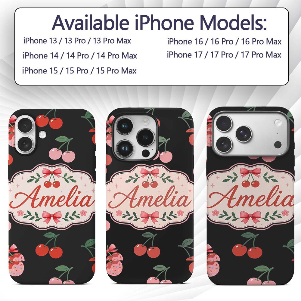 Cute Cherry Fruit Cream Neutral Printed Design Custom Name Protective Phone Case Mobile Cover Durable Everyday Smartphone Shock Resistant