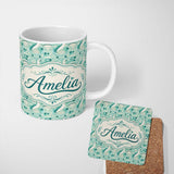Personalized Custom Name Decorative Stylised Seals with Swirl Ocean Motifs Teal Seamless 11oz Ceramic Coffee Tea Mug White Large Handle