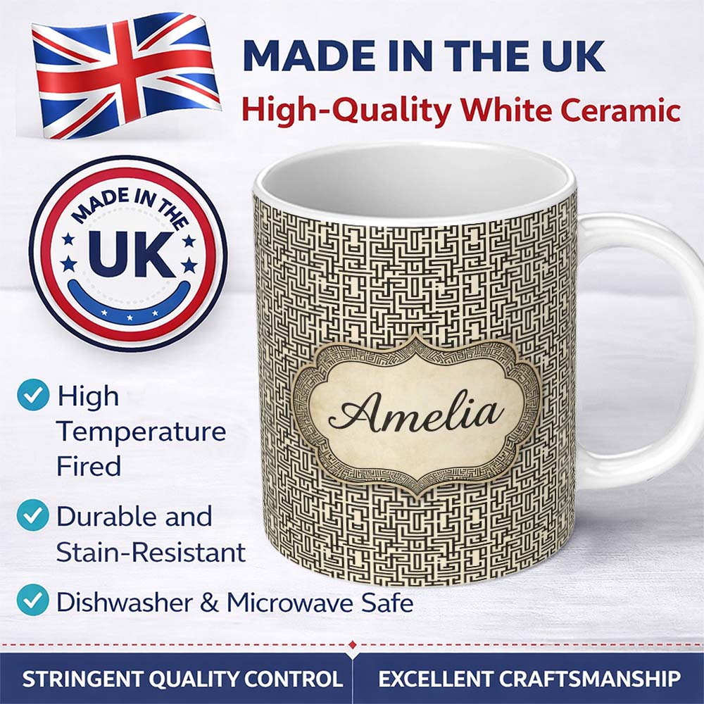 Personalized Custom Name Black White Abstract Linear Maze Seamless Pattern Name Cute Unique 11oz Ceramic Coffee Tea Mug White Large Handle