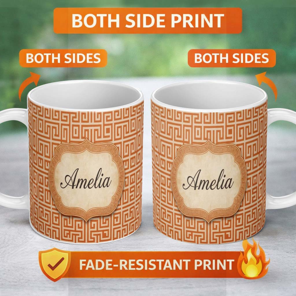 Personalized Custom Name Warm Orange Beige Fine Line Geometric Maze Seamless Pattern Name 11oz Ceramic Coffee Tea Mug White Large Handle