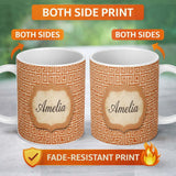Personalized Custom Name Warm Orange Beige Fine Line Geometric Maze Seamless Pattern Name 11oz Ceramic Coffee Tea Mug White Large Handle