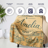 Vintage Teal Beige Distressed Tribal Maze Seamless Pattern Name Cute  Personalised Custom Name Super Soft Fleece Blanket Bed Sofa Throw