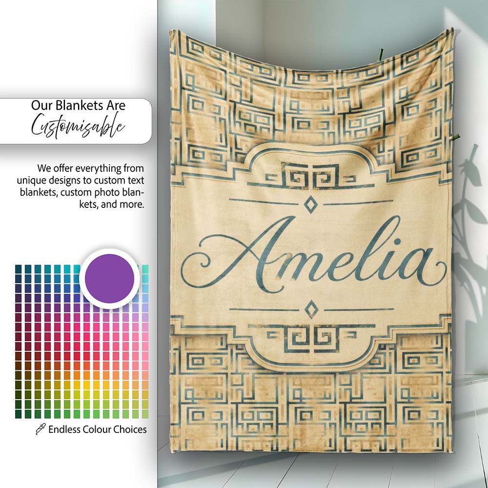 Vintage Teal Beige Distressed Tribal Maze Seamless Pattern Name Cute  Personalised Custom Name Super Soft Fleece Blanket Bed Sofa Throw