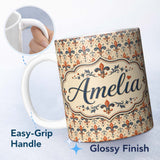 Personalized Custom Name Vintage Red and Navy Ornate Fleur de Lis Floral Pattern on Beige 11oz Ceramic Coffee Tea Mug White Large Handle