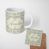 Personalized Custom Name Soft Aqua Grey Square Tribal Geometric Seamless Pattern Name Cute 11oz Ceramic Coffee Tea Mug White Large Handle
