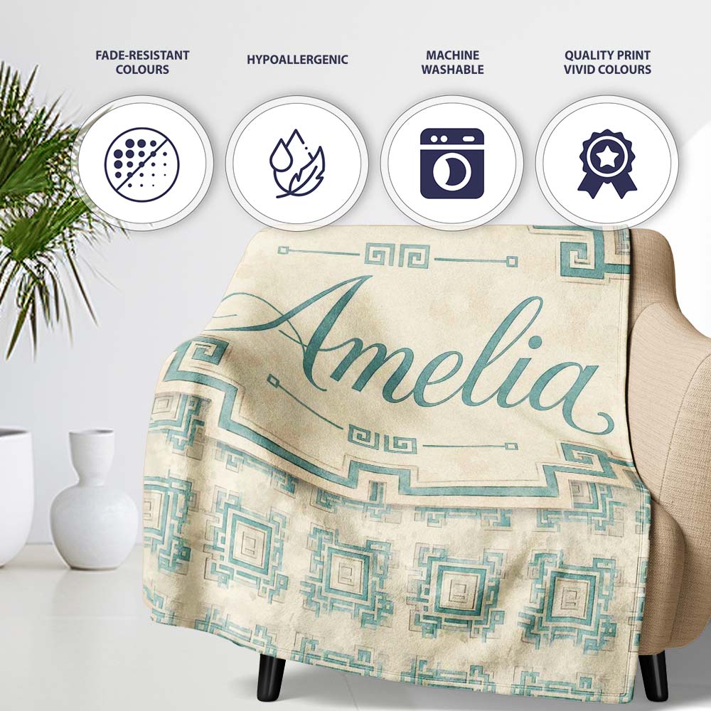 Soft Aqua Grey Square Tribal Geometric Seamless Pattern Name Cute  Personalised Custom Name Super Soft Fleece Blanket Bed Sofa Throw
