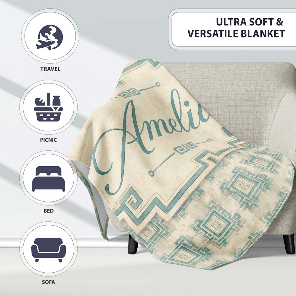 Soft Aqua Grey Square Tribal Geometric Seamless Pattern Name Cute  Personalised Custom Name Super Soft Fleece Blanket Bed Sofa Throw