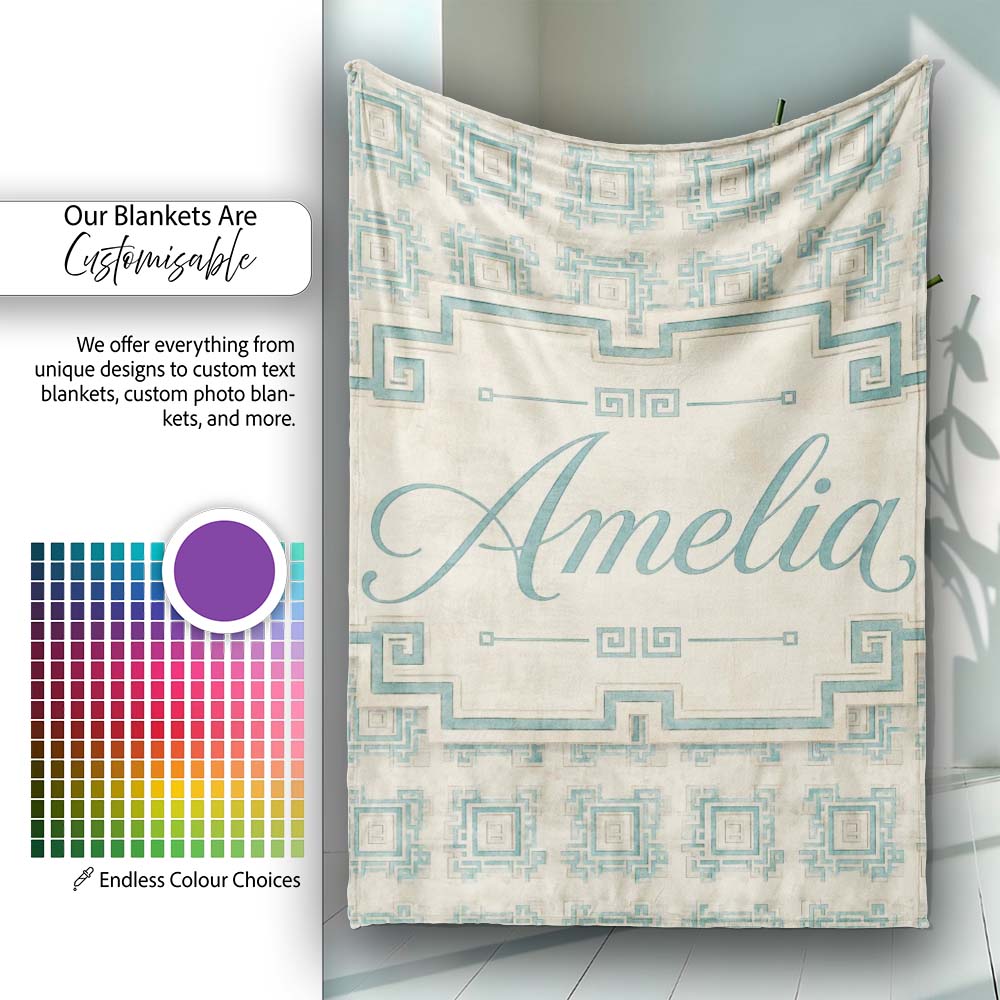 Soft Aqua Grey Square Tribal Geometric Seamless Pattern Name Cute  Personalised Custom Name Super Soft Fleece Blanket Bed Sofa Throw