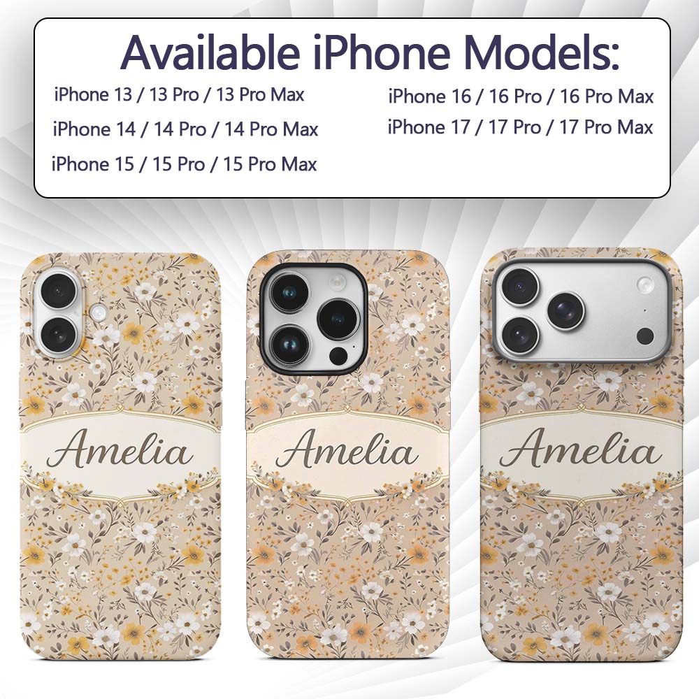 Soft Yellow White Floral Ditsy Seamless Pattern Custom Name Protective Phone Case Mobile Cover Durable Everyday Smartphone Shock Resistant
