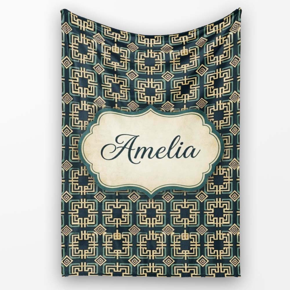 Teal Beige Art Deco Geometric Square Seamless Pattern Name Cute  Personalised Custom Name Super Soft Fleece Blanket Bed Sofa Throw