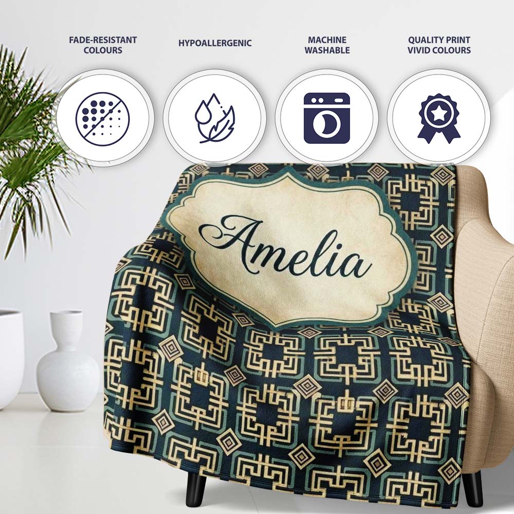 Teal Beige Art Deco Geometric Square Seamless Pattern Name Cute  Personalised Custom Name Super Soft Fleece Blanket Bed Sofa Throw