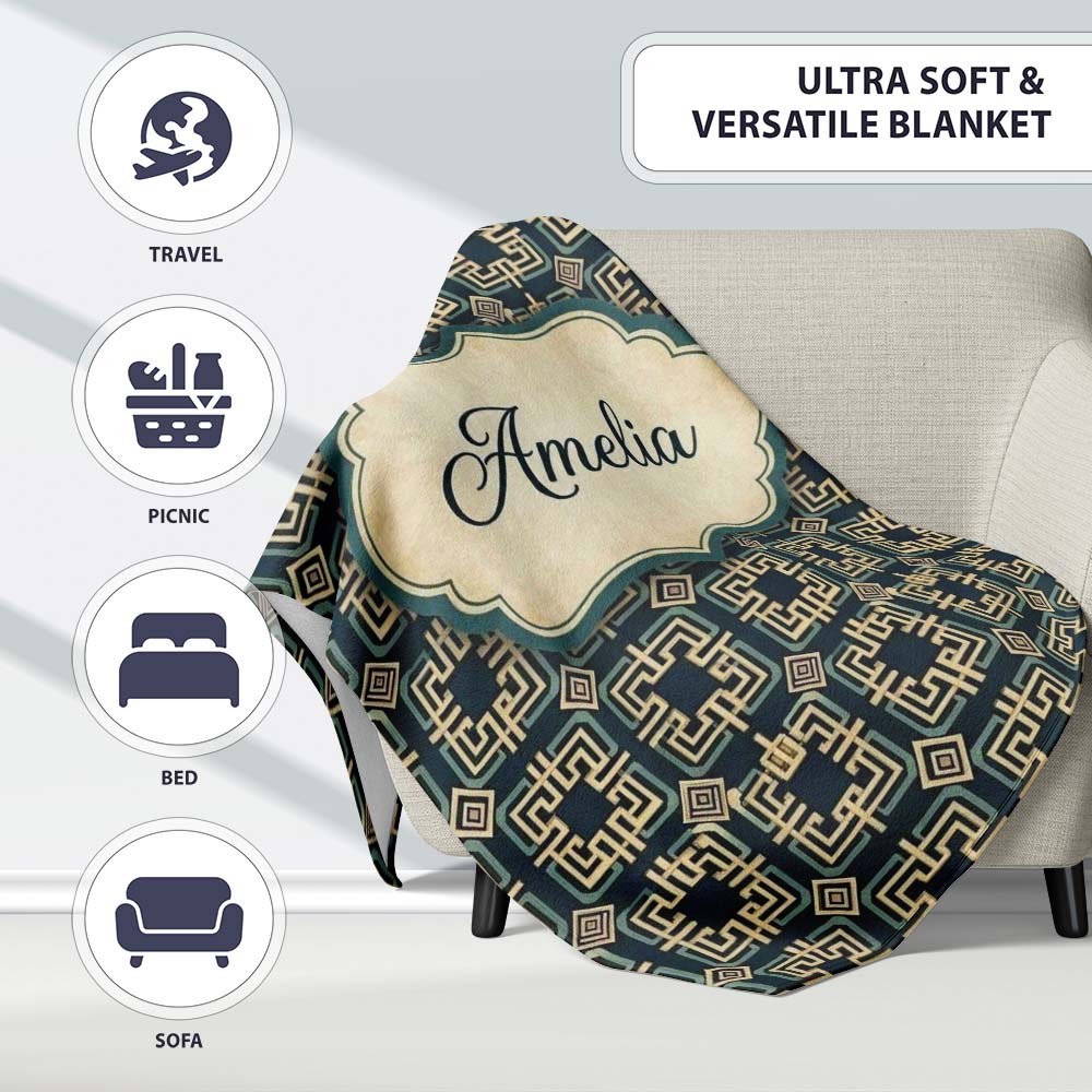 Teal Beige Art Deco Geometric Square Seamless Pattern Name Cute  Personalised Custom Name Super Soft Fleece Blanket Bed Sofa Throw