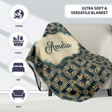 Teal Beige Art Deco Geometric Square Seamless Pattern Name Cute  Personalised Custom Name Super Soft Fleece Blanket Bed Sofa Throw