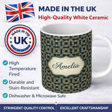 Personalized Custom Name Teal Beige Art Deco Geometric Square Seamless Pattern Name Cute 11oz Ceramic Coffee Tea Mug White Large Handle