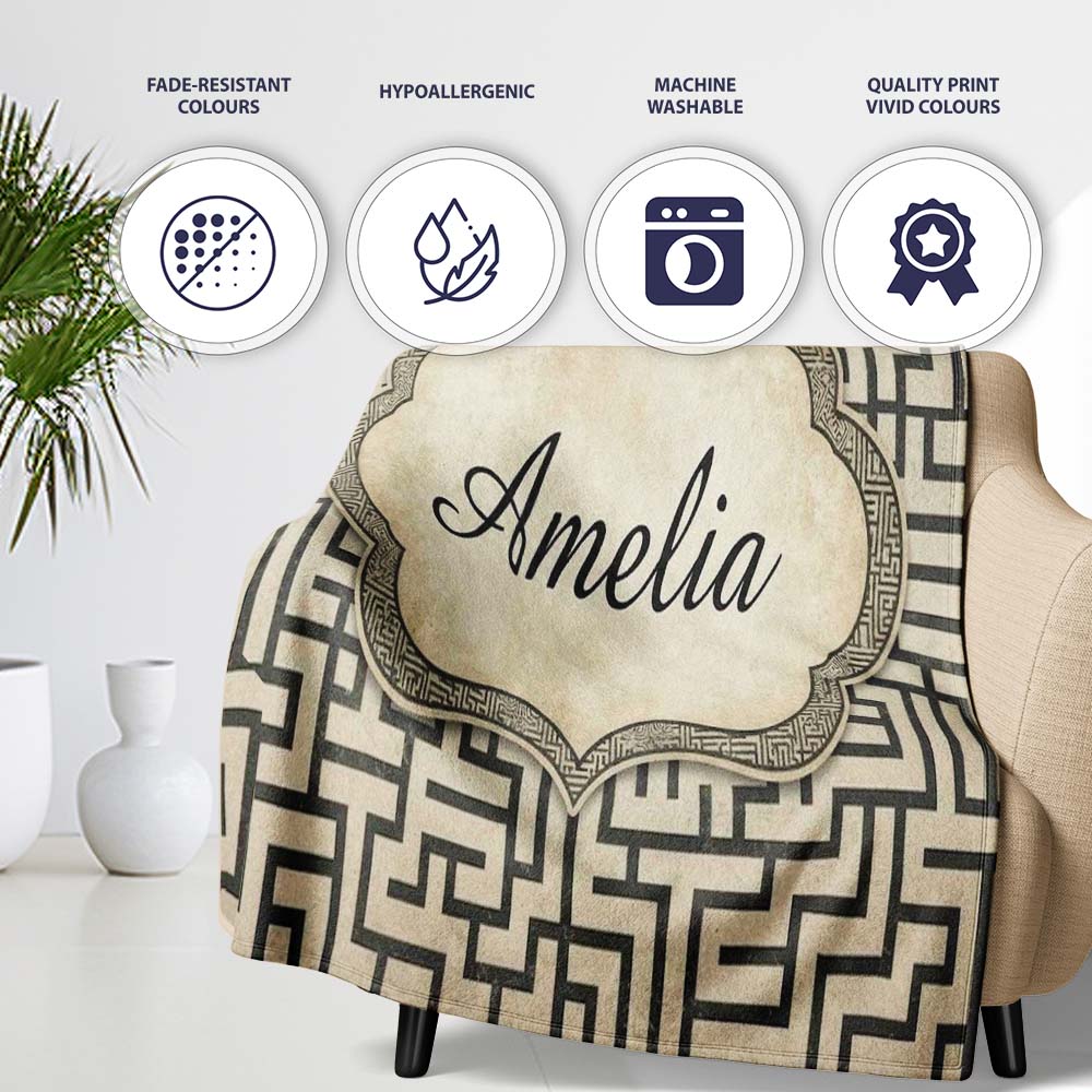 Distressed Grey Black Tribal Maze Abstract Seamless Pattern Name  Personalised Custom Name Super Soft Fleece Blanket Bed Sofa Throw