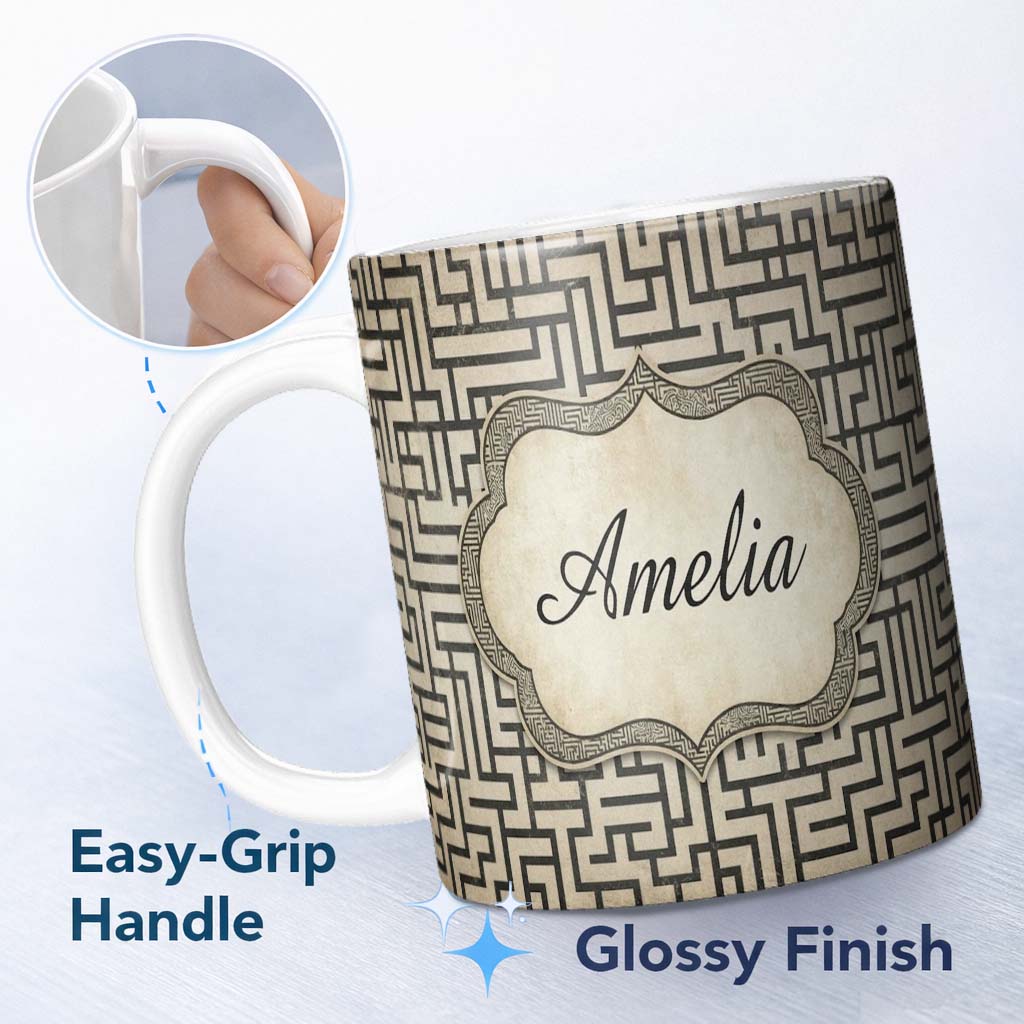 Personalized Custom Name Distressed Grey Black Tribal Maze Abstract Seamless Pattern Name 11oz Ceramic Coffee Tea Mug White Large Handle