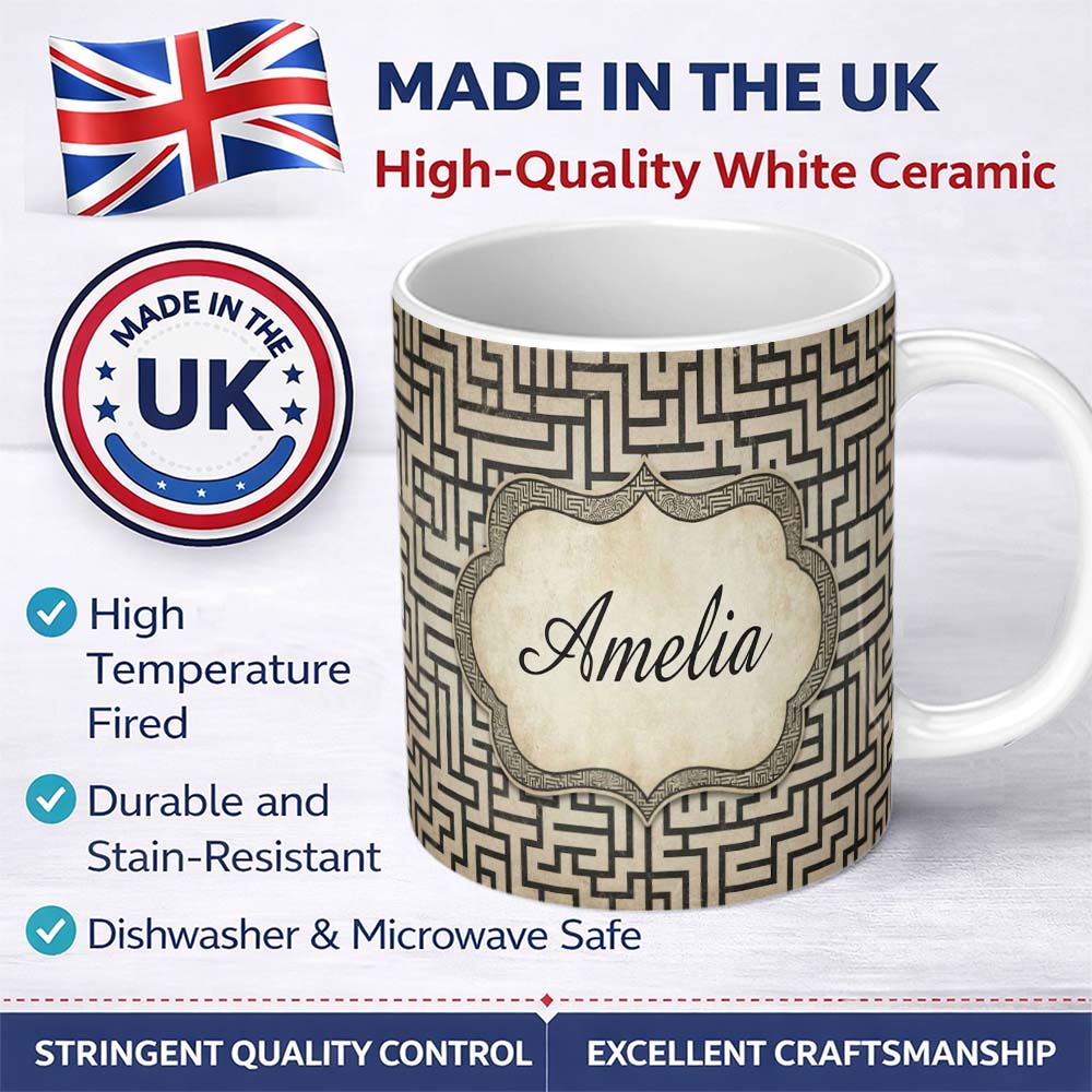 Personalized Custom Name Distressed Grey Black Tribal Maze Abstract Seamless Pattern Name 11oz Ceramic Coffee Tea Mug White Large Handle