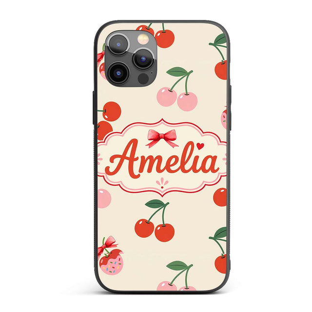 Cherry Fruit Blue Gingham Picnic Check Seamless Custom Name Protective Phone Case Mobile Cover Durable Everyday Smartphone Shock Resistant