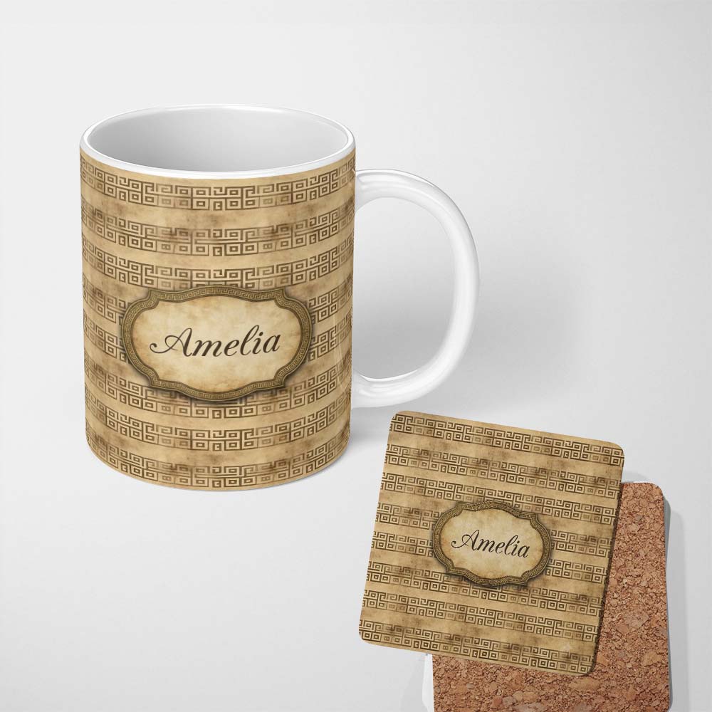 Personalized Custom Name Vintage Beige Horizontal Tribal Stripe Seamless Pattern Name Cute 11oz Ceramic Coffee Tea Mug White Large Handle