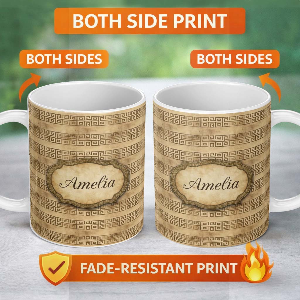 Personalized Custom Name Vintage Beige Horizontal Tribal Stripe Seamless Pattern Name Cute 11oz Ceramic Coffee Tea Mug White Large Handle