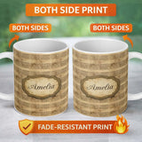Personalized Custom Name Vintage Beige Horizontal Tribal Stripe Seamless Pattern Name Cute 11oz Ceramic Coffee Tea Mug White Large Handle