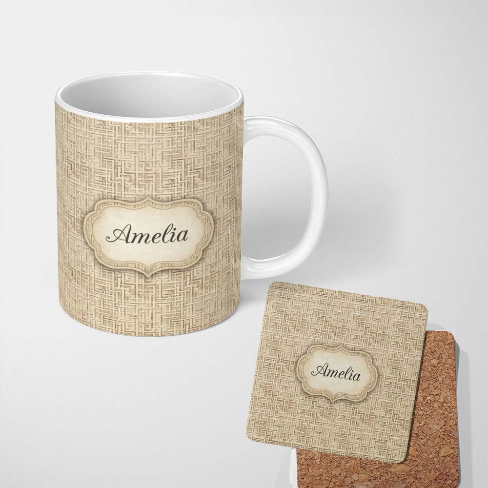 Personalized Custom Name Soft Beige Subtle Maze Texture Seamless Pattern Name Cute Unique 11oz Ceramic Coffee Tea Mug White Large Handle