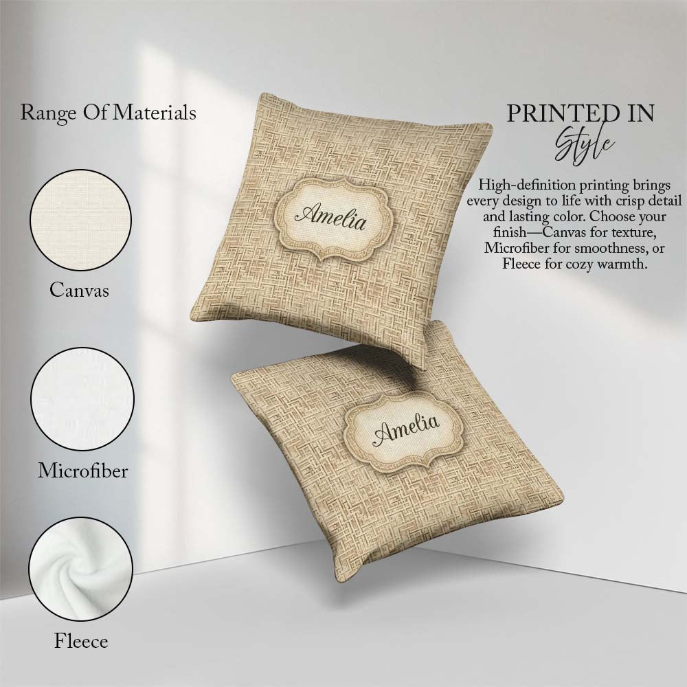 Custom Name Soft Beige Subtle Maze Texture Seamless Pattern Name Square Filled Cushion Throw Pillow Sofa Bed Home Decor Zip Washable UK Made