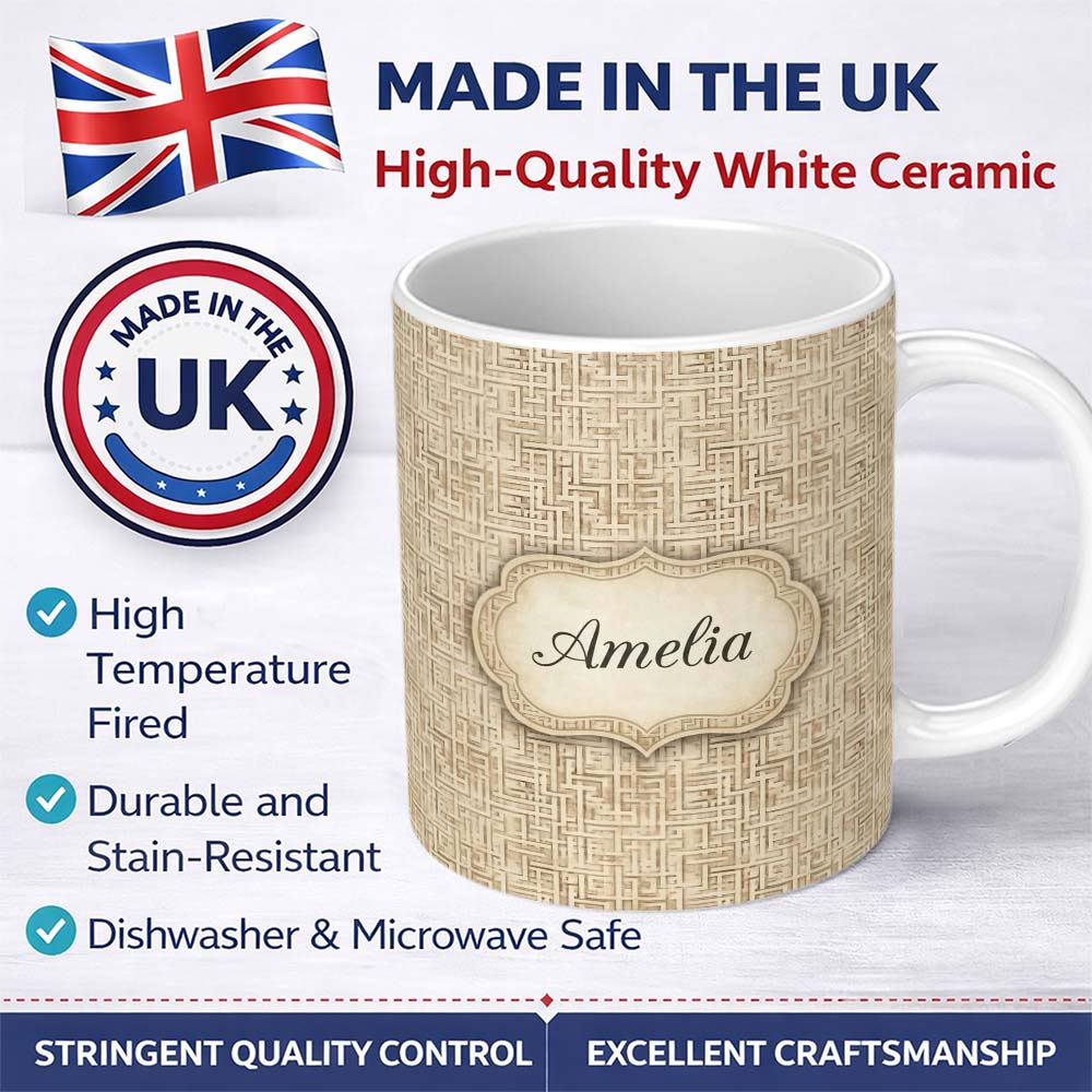 Personalized Custom Name Soft Beige Subtle Maze Texture Seamless Pattern Name Cute Unique 11oz Ceramic Coffee Tea Mug White Large Handle