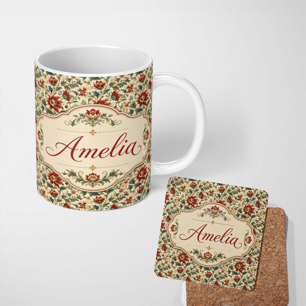 Personalized Custom Name Classic Red Floral Vintage Garden Seamless Pattern Name Cute Unique 11oz Ceramic Coffee Tea Mug White Large Handle