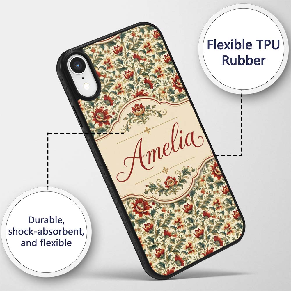 Classic Red Floral Vintage Garden Printed Design Custom Name Protective Phone Case Mobile Cover Durable Everyday Smartphone Shock Resistant