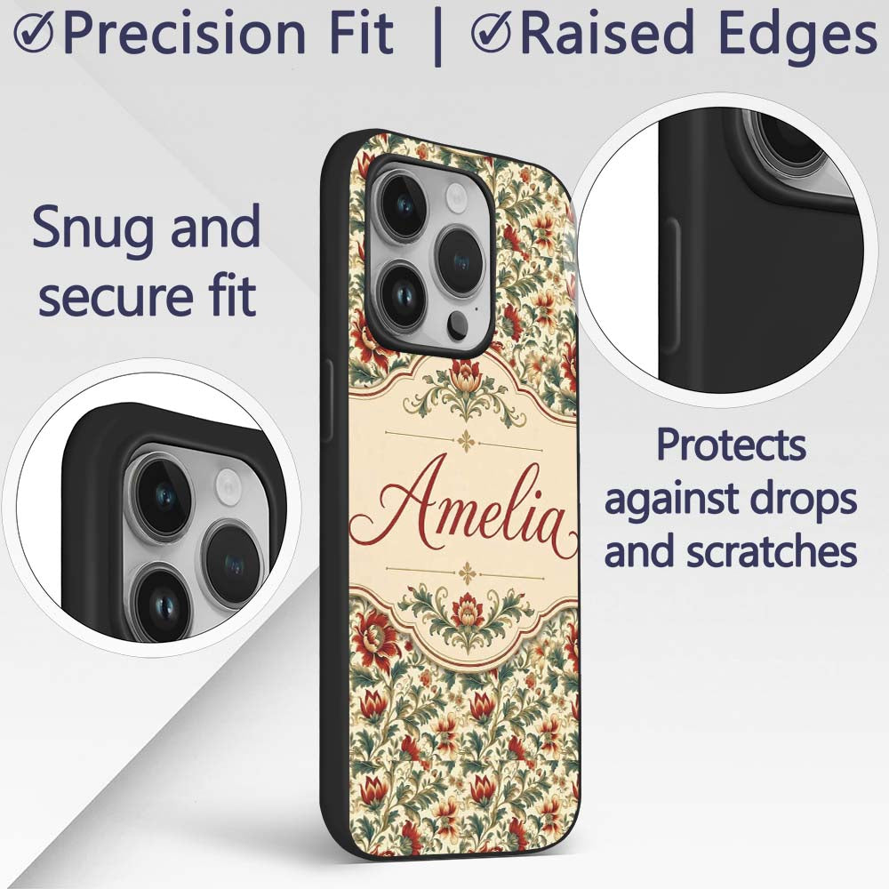 Classic Red Floral Vintage Garden Printed Design Custom Name Protective Phone Case Mobile Cover Durable Everyday Smartphone Shock Resistant